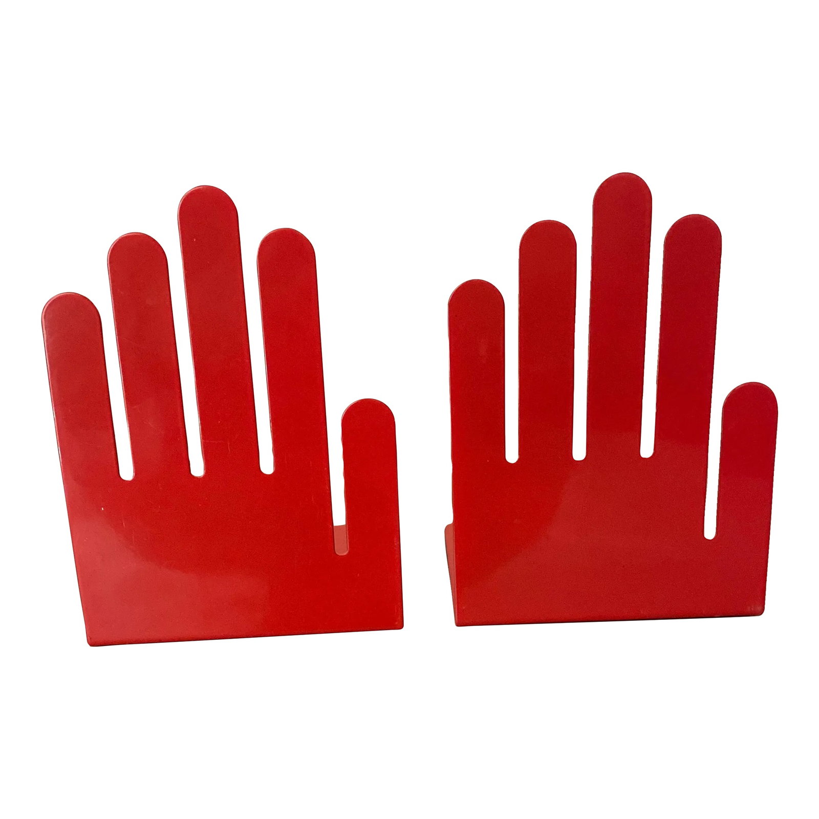 Vintage Spectrum Red Metal Hand Bookends- a Pair: Mid century modern style Spectrum red metal hand shaped bookends. Would be great to hold letters as well. Both are in great condition. They measure 7" tall, 5" wide and 4.75" deep Condition: