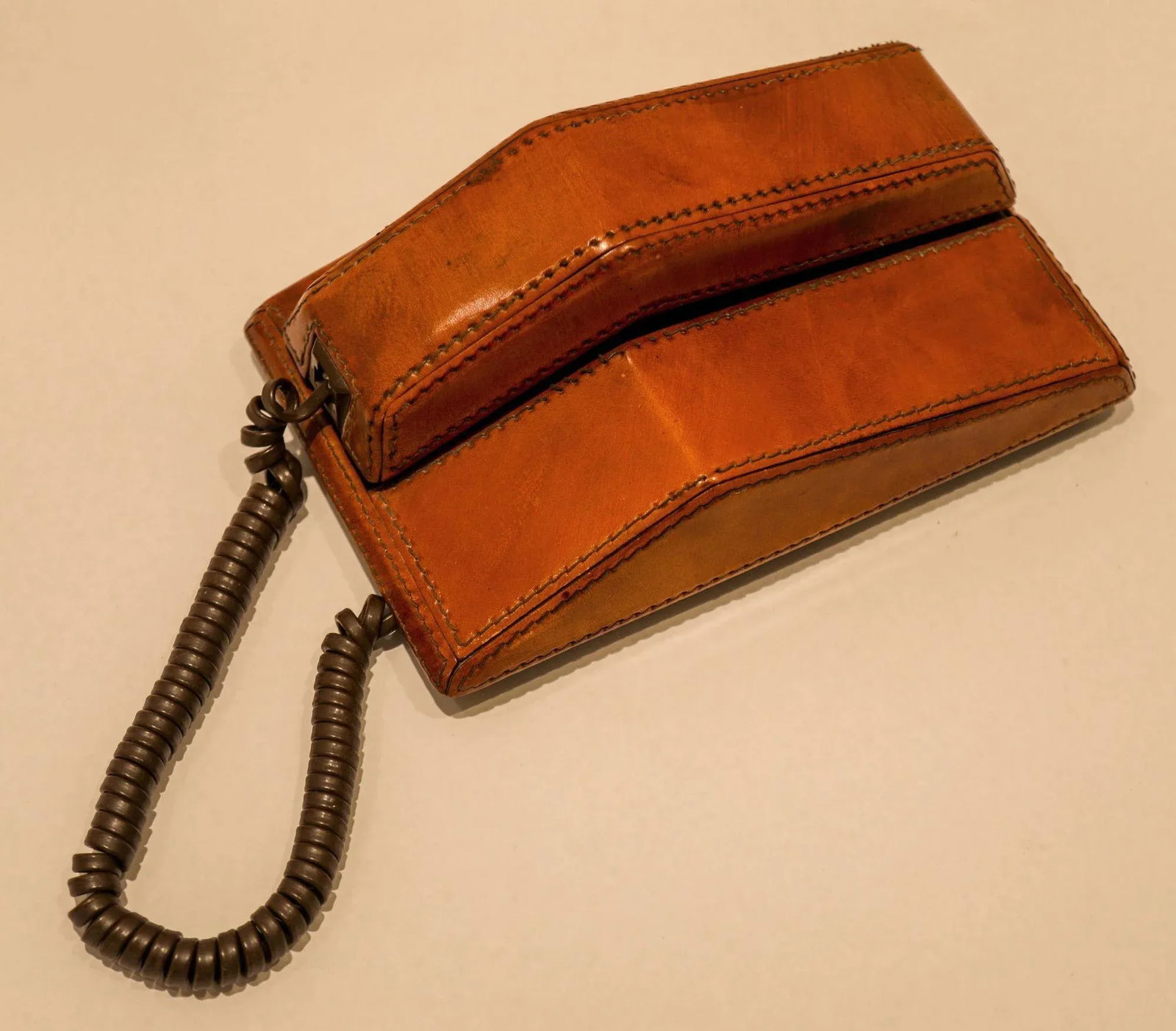 Vintage Brown Stitched Leather Covered Telephone by Contempra 1970s - 2