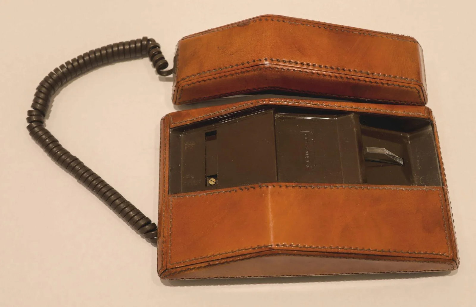 Vintage Brown Stitched Leather Covered Telephone by Contempra 1970s - 3