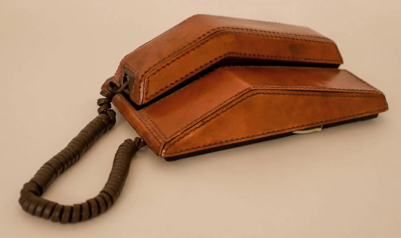 Vintage Brown Stitched Leather Covered Telephone by Contempra 1970s - 8