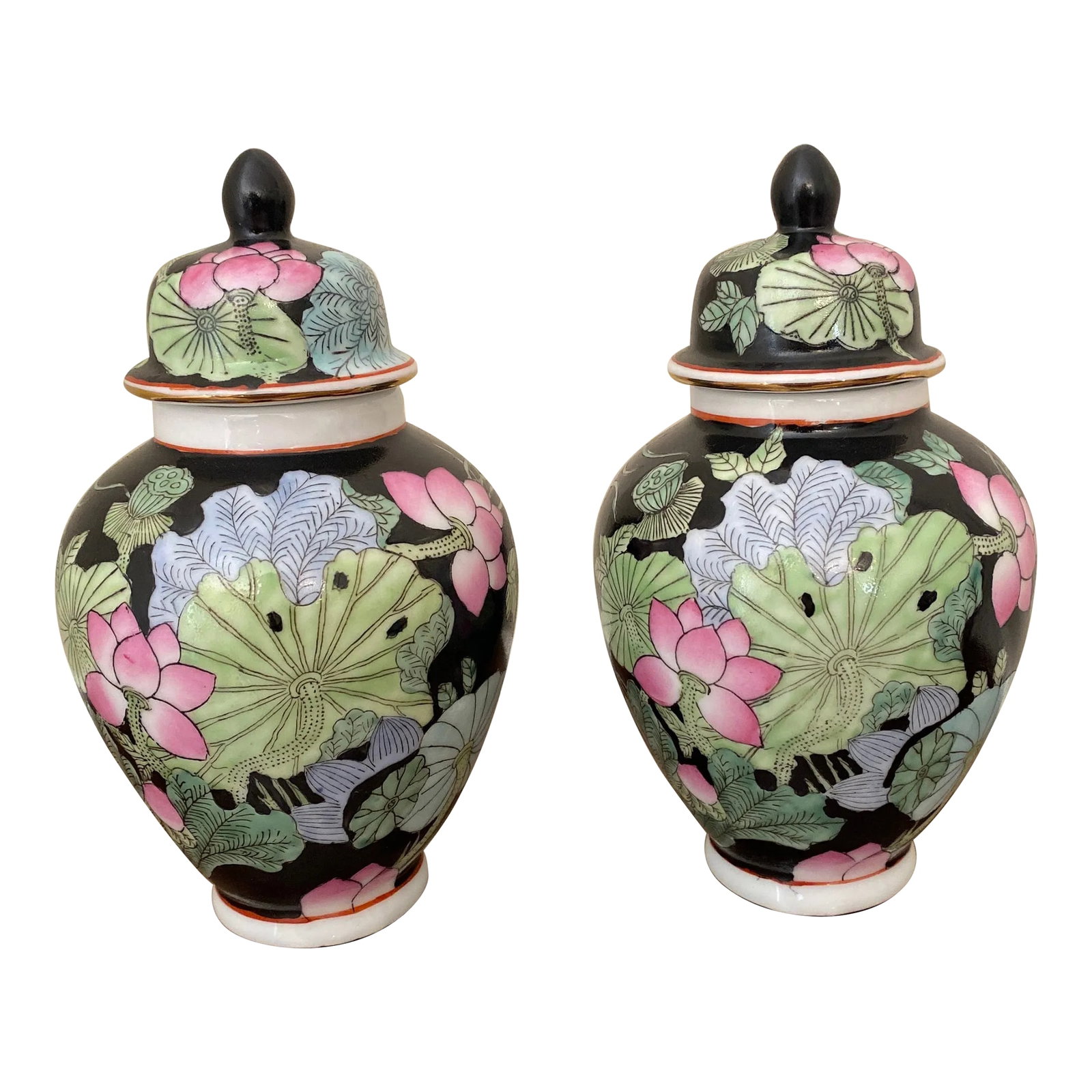 1970s Floral Japanese Ginger Jar - a Pair: Beautiful pair of miniature Japanese ginger jars in great condition. Very unsual size and pattern Condition: Alterations: Original Condition Unaltered Imperfections: Some Imperfections Condition