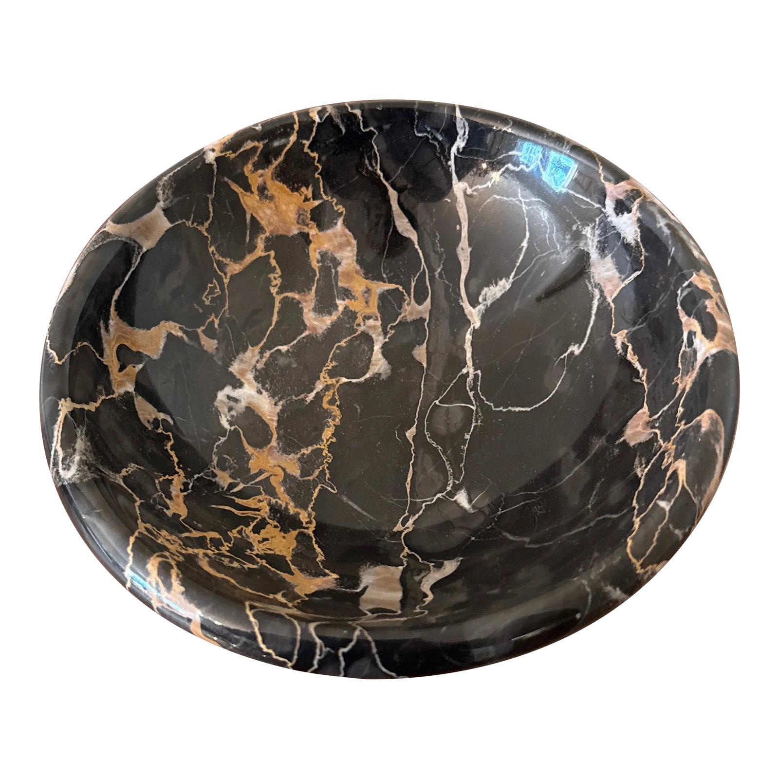Vintage Italian Black Portoro Marble Centerpiece Bowl: Beautiful black tan and white Italian marble bowl in great shape, hand carved traditional Italian black marble Condition: Alterations: Original Condition Unaltered Imperfections: Some Imperfections