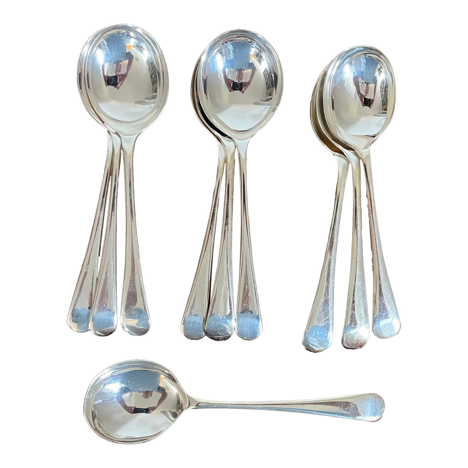 Antique English Epns Silver Plate Cream Soup or Table Spoons - a Set of 10: Set 10 antique English EPNS silver plate cream soup or table spoons. An assembled matching set with various makers including Walker & Hall, James Deakin and Baxter. Heavy weight. Measure 7 3/4" x 2