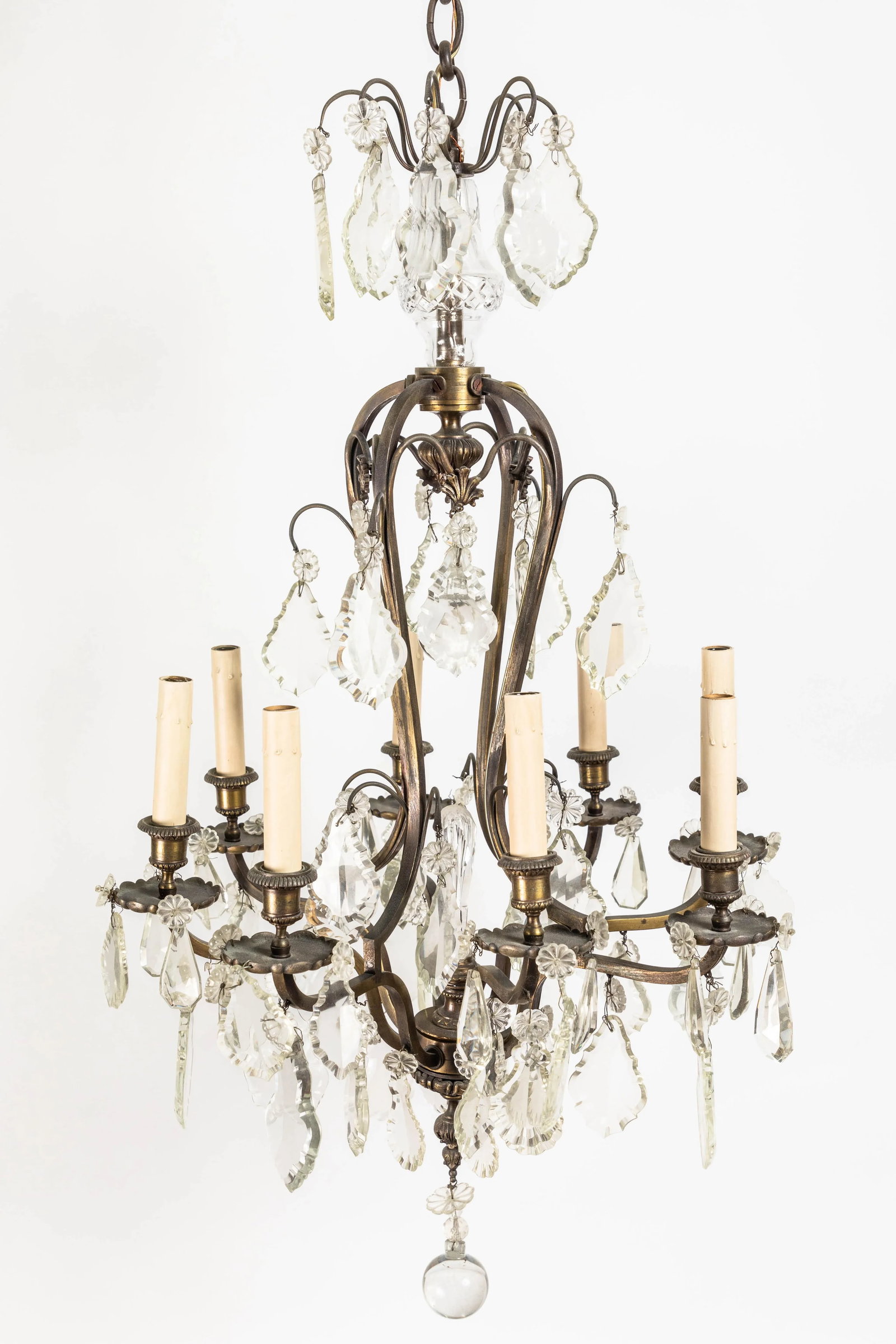French Rococo Style Bronze 8-Light Chandelier with Handcut Crystals - 8