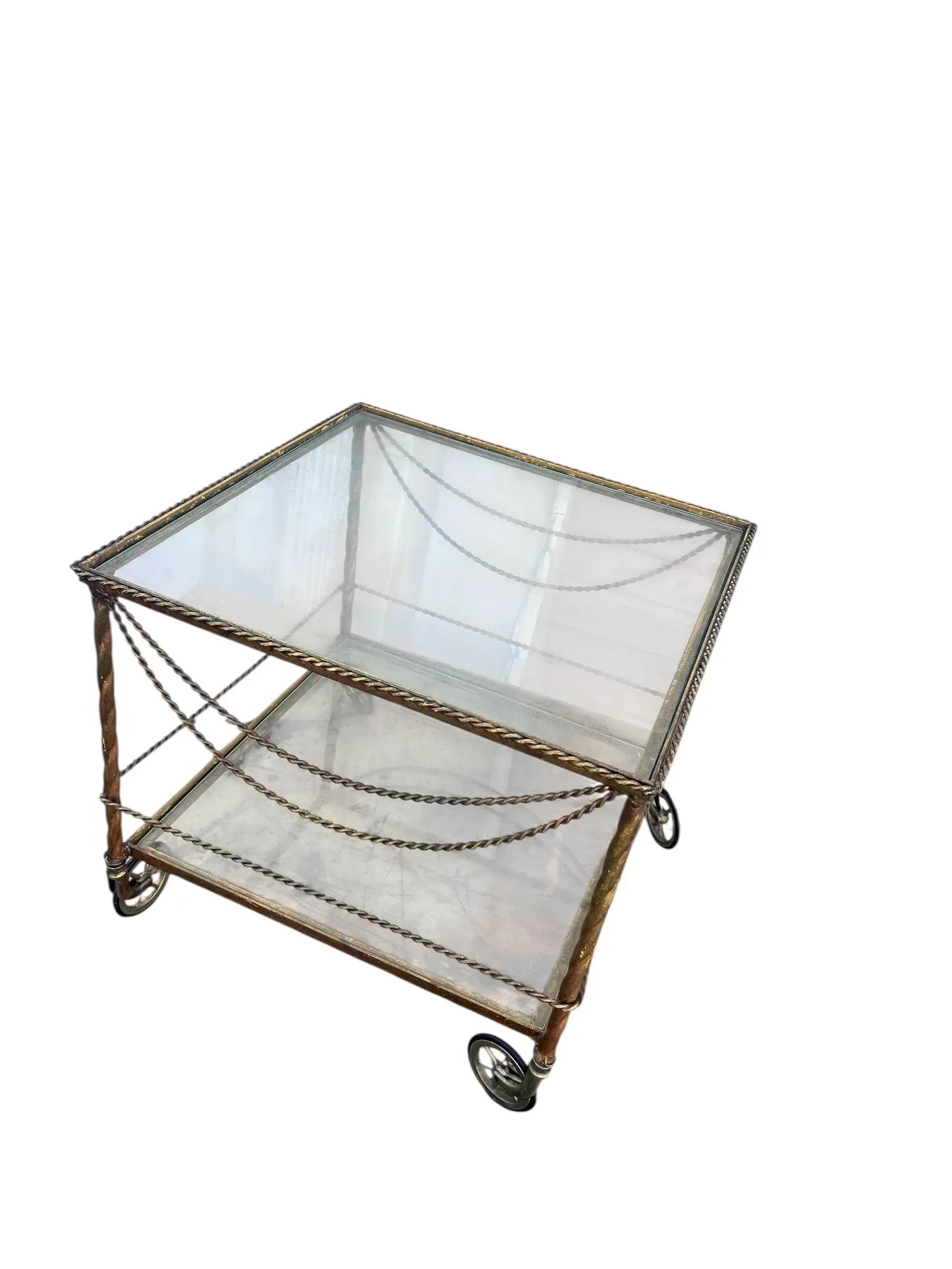 1980s Vintage Wrought Iron Bar/ Tea Serving Cart Glass Two Tier - 2