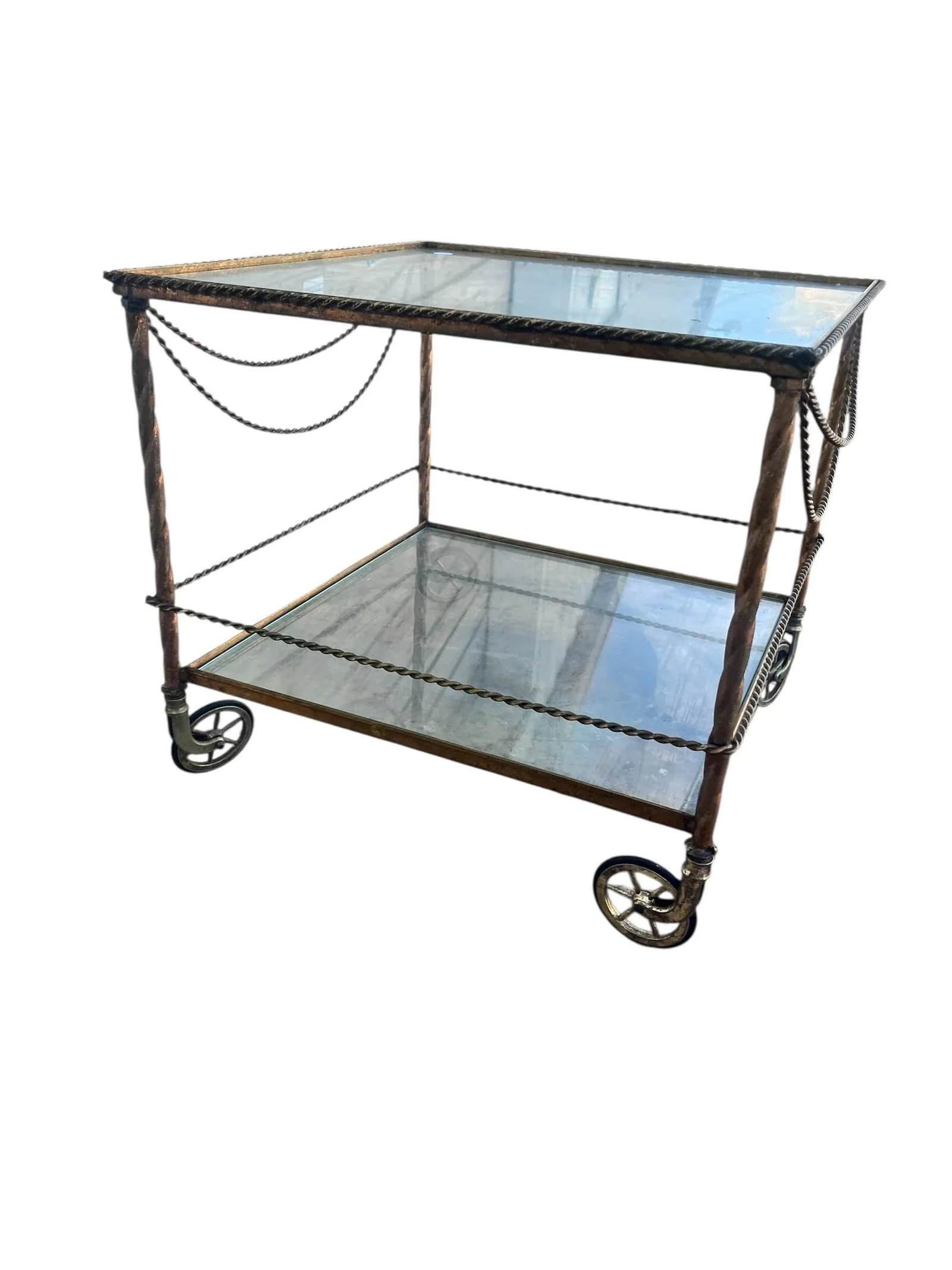 1980s Vintage Wrought Iron Bar/ Tea Serving Cart Glass Two Tier - 6