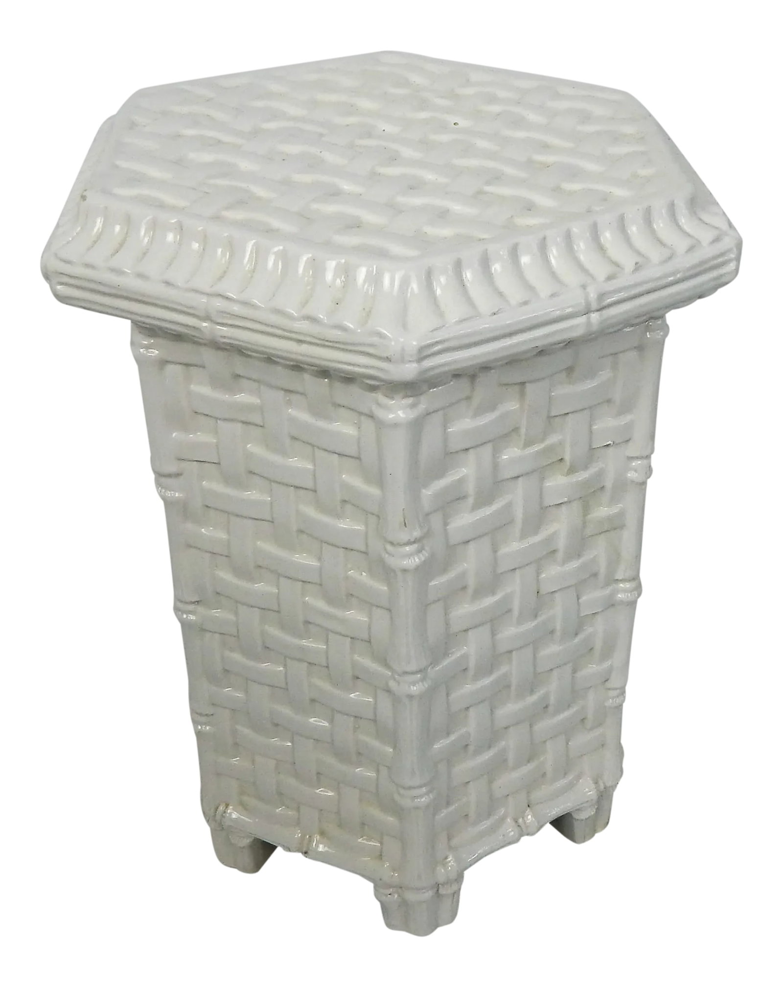 Italian Ceramic Lattice Side Table: Lovely Chinoiserie-style lattice patterned ceramic side table crafted in Italy, circa 1960s. Base marked, "Made In Italy". Dimensions: table, 14"L x 14"D x 17"H; table surface, 10.5"L x 10.5"D. Condit