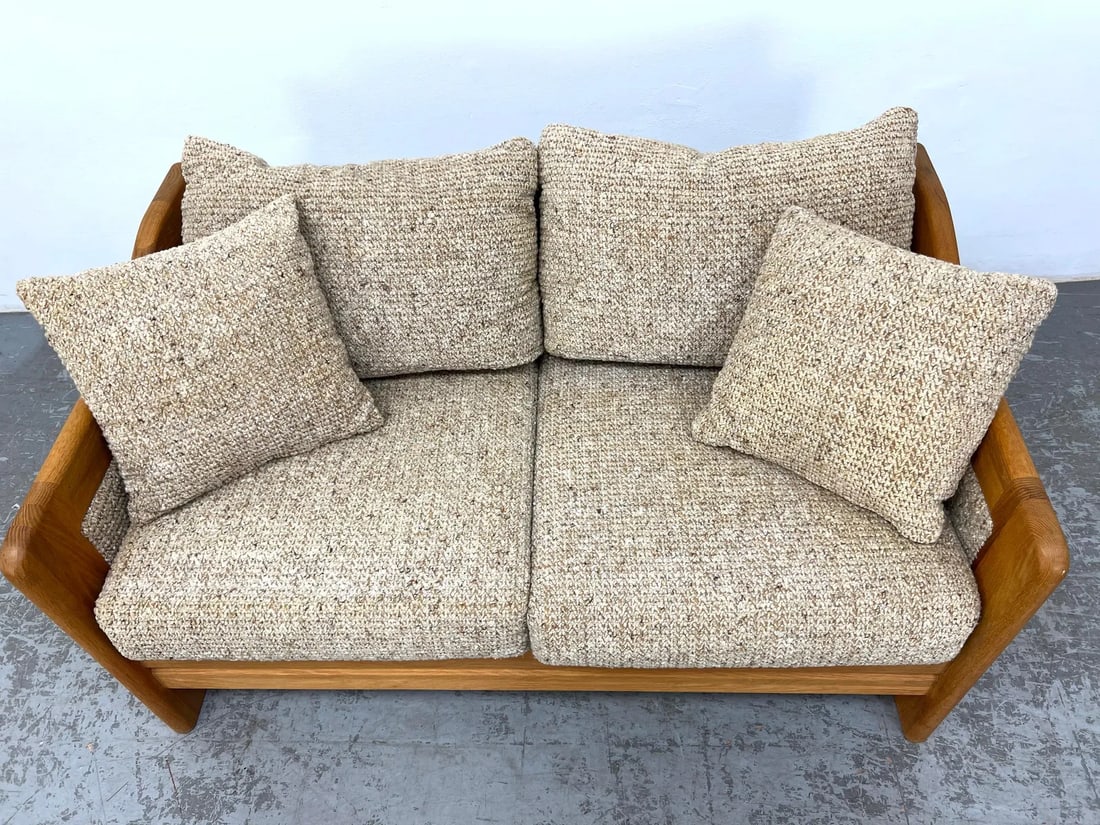 Mid 20th Century Mid-Century Modern Oak Loveseat Sofa With Textured Upholstery - 2