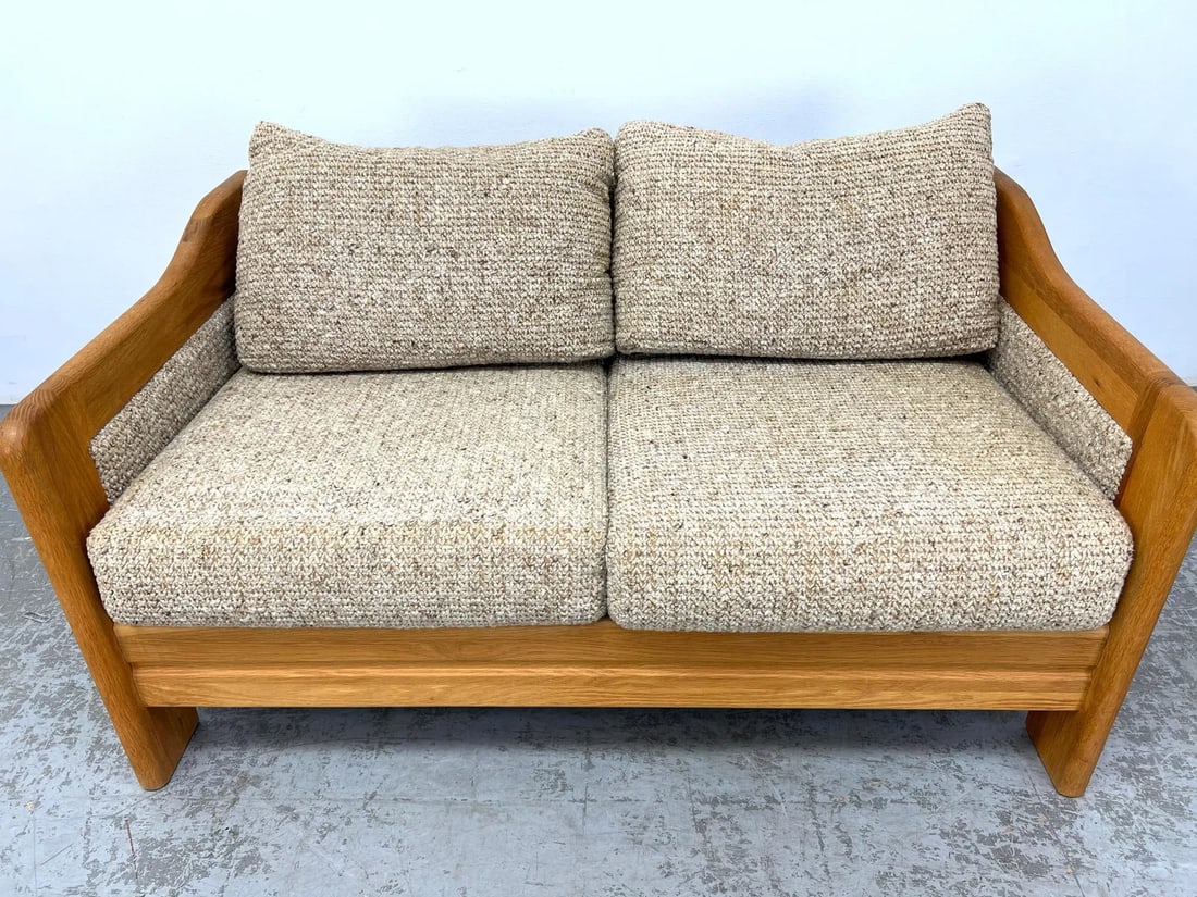 Mid 20th Century Mid-Century Modern Oak Loveseat Sofa With Textured Upholstery - 3