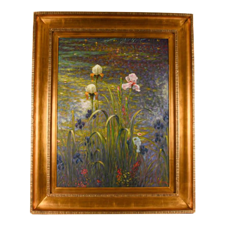 Late 20th Century Framed Signed Greg Singley Irises in Lavender and Gold Oil on Canvas (1 of 12)