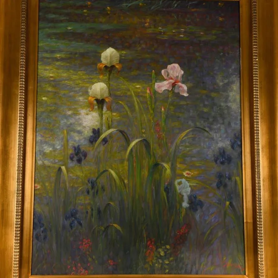 Late 20th Century Framed Signed Greg Singley Irises in Lavender and Gold Oil on Canvas - 2