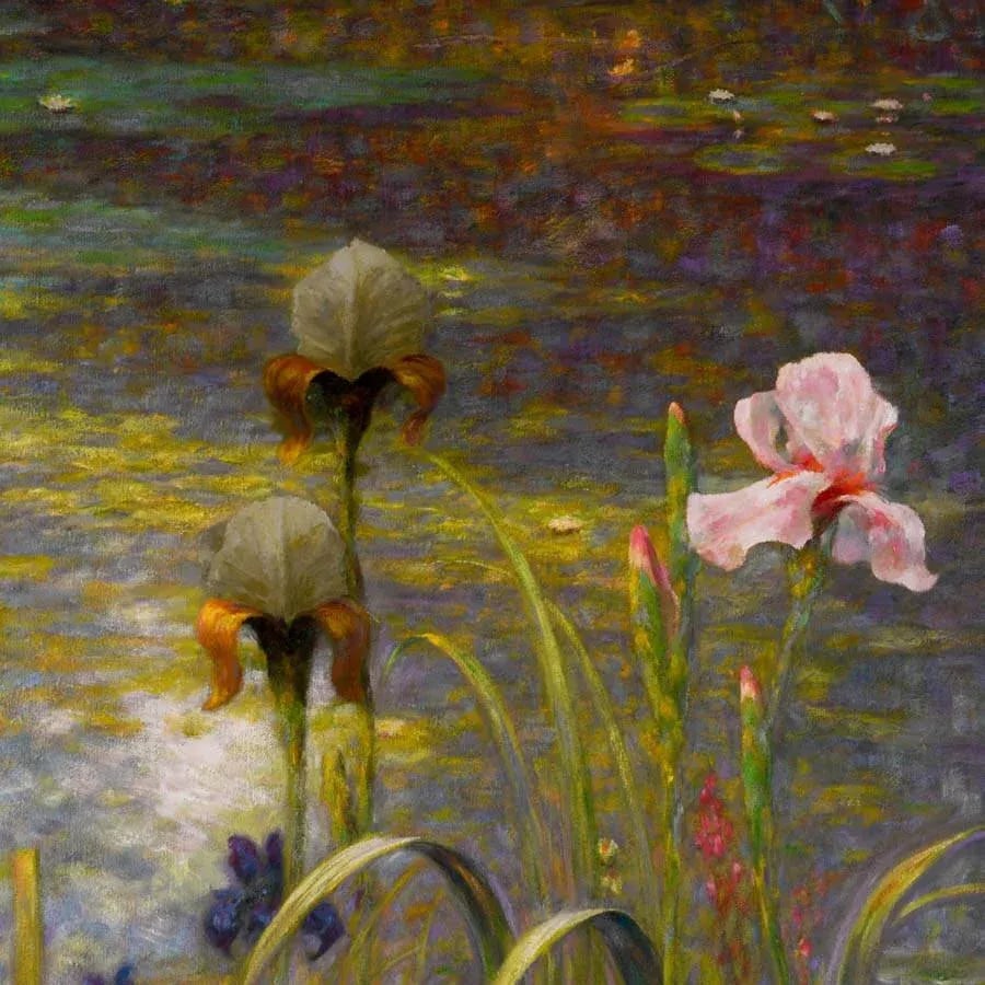 Late 20th Century Framed Signed Greg Singley Irises in Lavender and Gold Oil on Canvas - 3