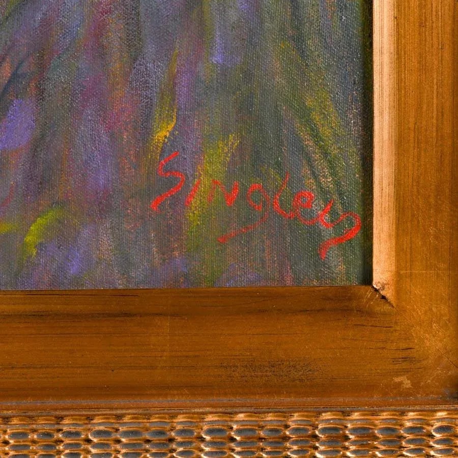Late 20th Century Framed Signed Greg Singley Irises in Lavender and Gold Oil on Canvas - 5