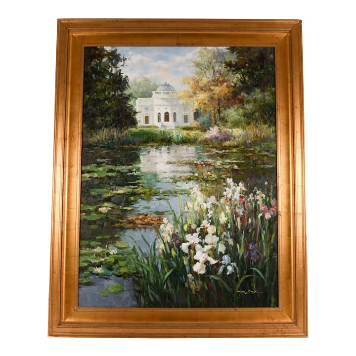 Late 20th Century Framed Signed Zhao Song the Garden at Chateau De Bagatelle Oil on Canvas: Lush and luminous, this signed oil on canvas by Zhao Song captures the serene beauty of The Garden at Chateau de Bagatelle in full bloom. A profusion of irises and water lilies frames a quiet pond,
