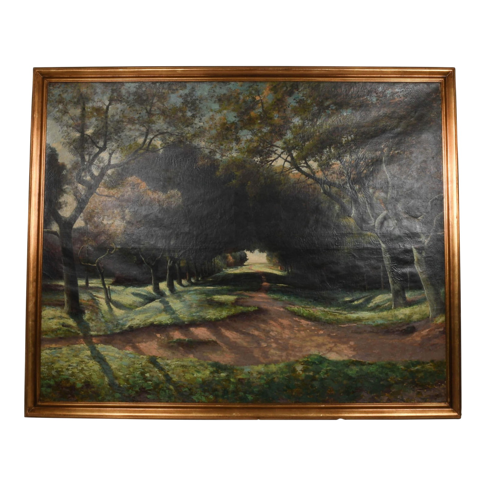 Antique Framed Signed Tristan Lacroix Oil on Canvas Landscape Painting: This Antique Framed Signed Cristan Lacroix Oil on Canvas Landscape Painting captures a serene, sun-dappled woodland path flanked by graceful, arching trees that form a natural tunnel overhead. The