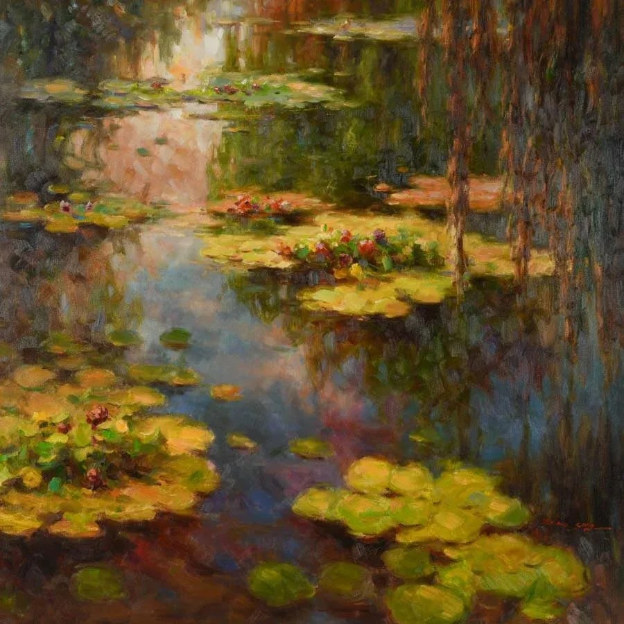 Late 20th Century Framed Signed Zhao Song Lilypads in Evening Oil on Canvas - 2