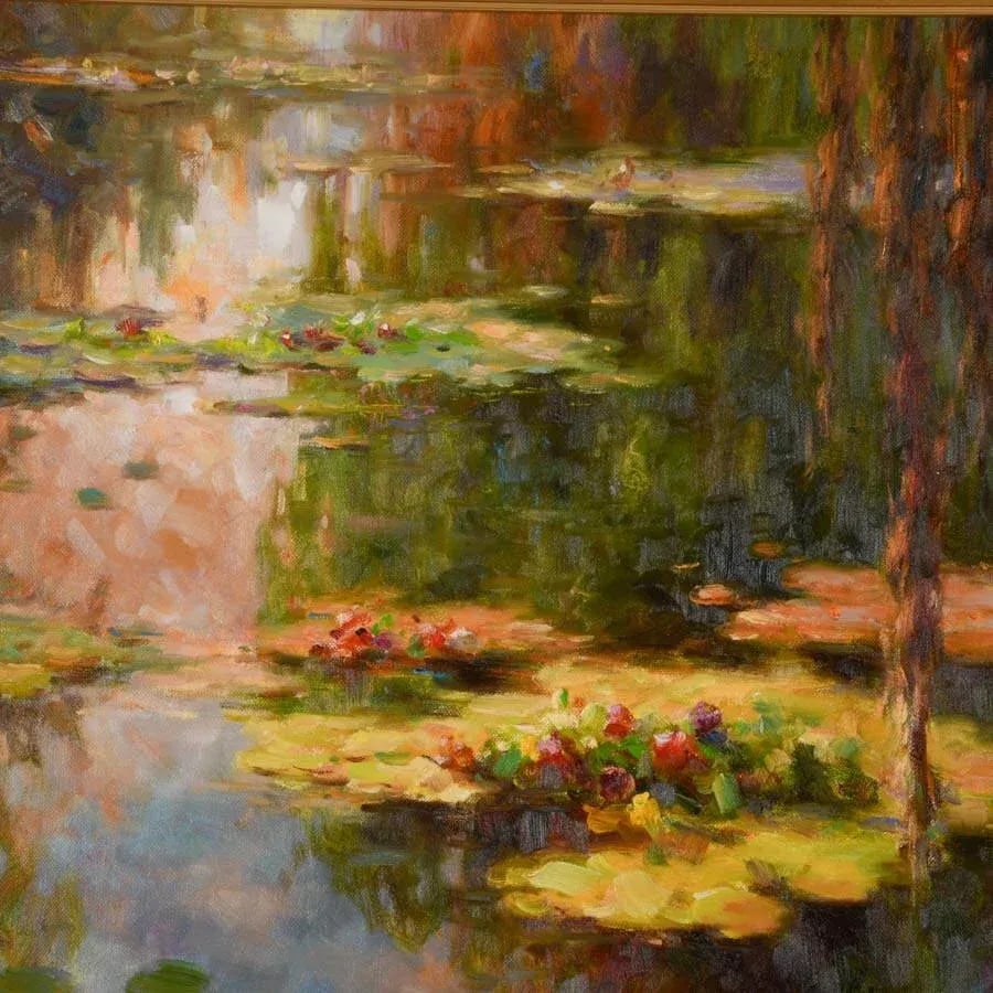 Late 20th Century Framed Signed Zhao Song Lilypads in Evening Oil on Canvas - 3