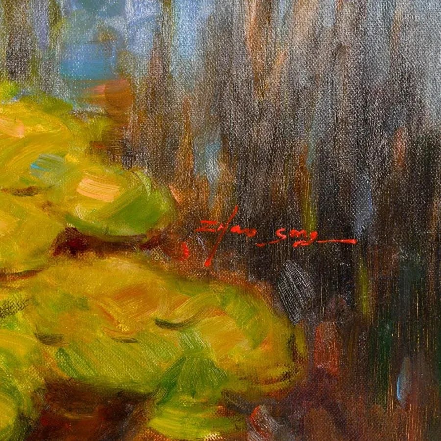 Late 20th Century Framed Signed Zhao Song Lilypads in Evening Oil on Canvas - 4