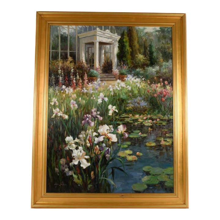 Late 20th Century Framed Signed Zhao Song the Conservatory Garden Oil on Canvas: A celebration of botanical splendor, Zhao Song's The Conservatory Garden is a masterfully rendered oil on canvas that immerses the viewer in a vibrant world of blooming irises, lily-covered waters,