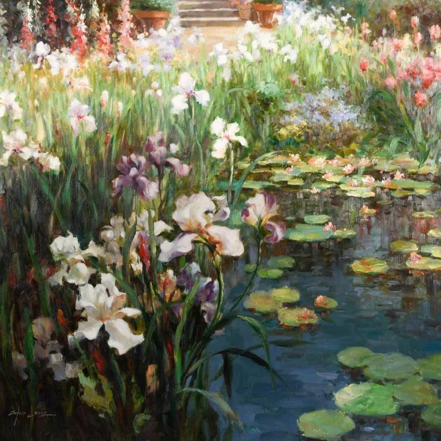 Late 20th Century Framed Signed Zhao Song the Conservatory Garden Oil on Canvas - 3