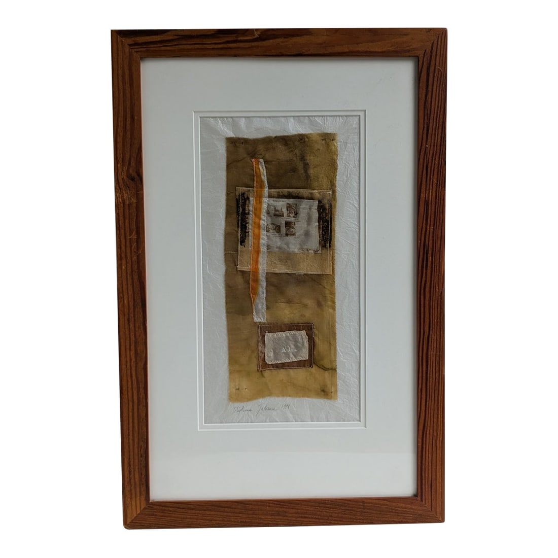 Framed Mixed-Media Textile Collage by Stephanie Malossane "Covadonga": Original multi-media textile work by French artist Stephanie Malossane, known for blending textiles, screen-printing, and alternative photographic processes (cyanotype, transfers) with painting. The c