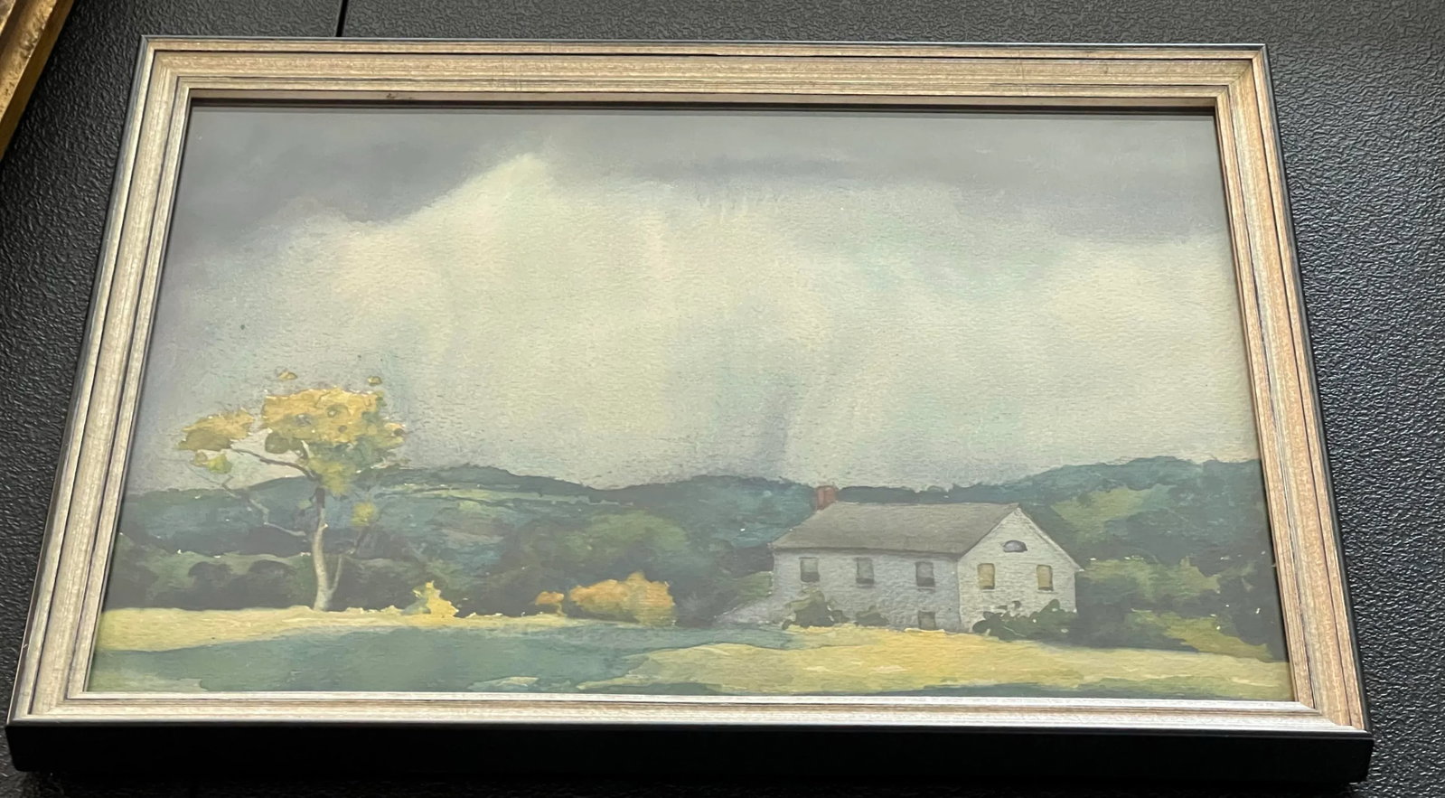 Vintage Framed Watercolor Stormy Farm Landscape - 4