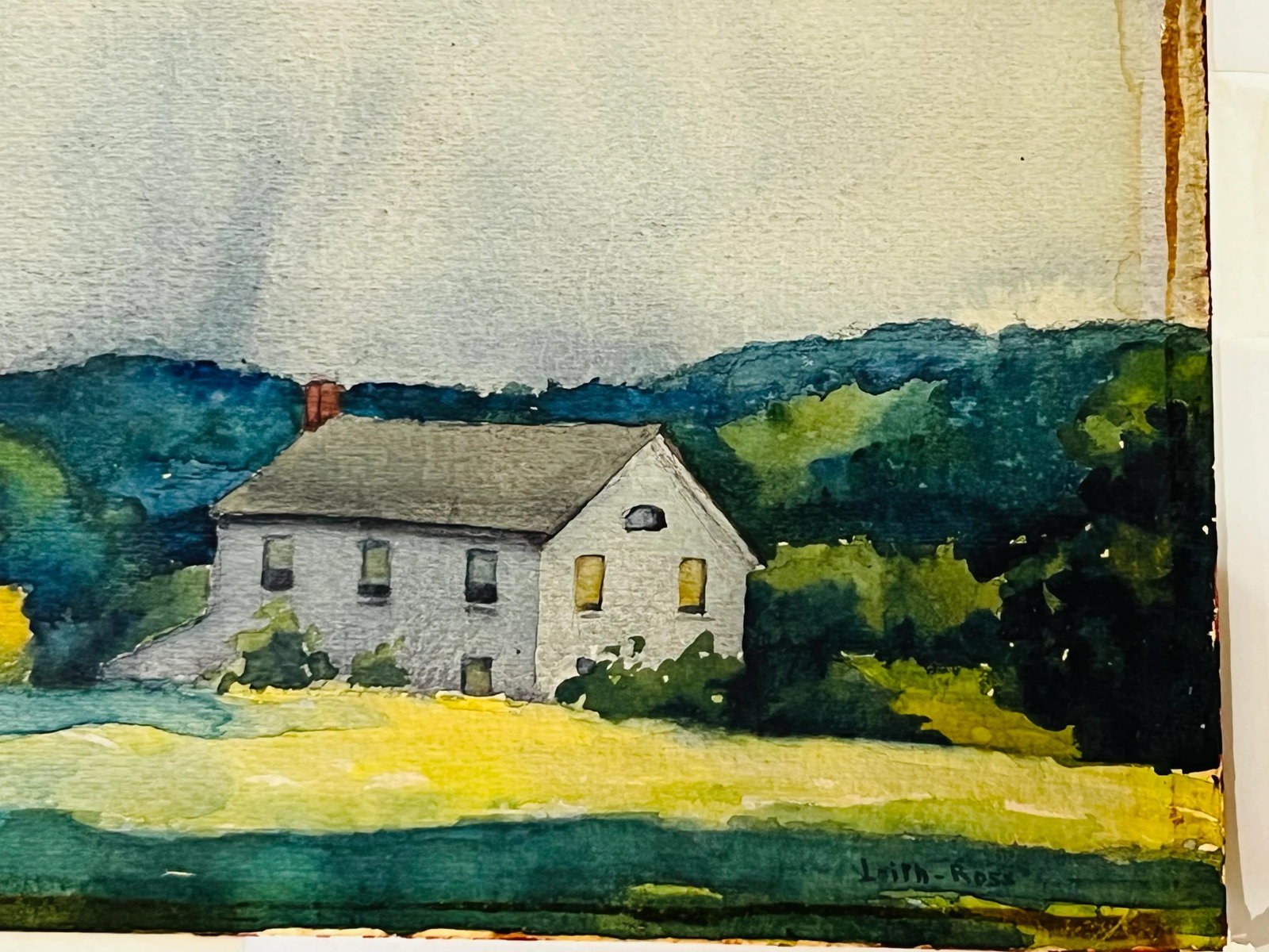 Vintage Framed Watercolor Stormy Farm Landscape - 5