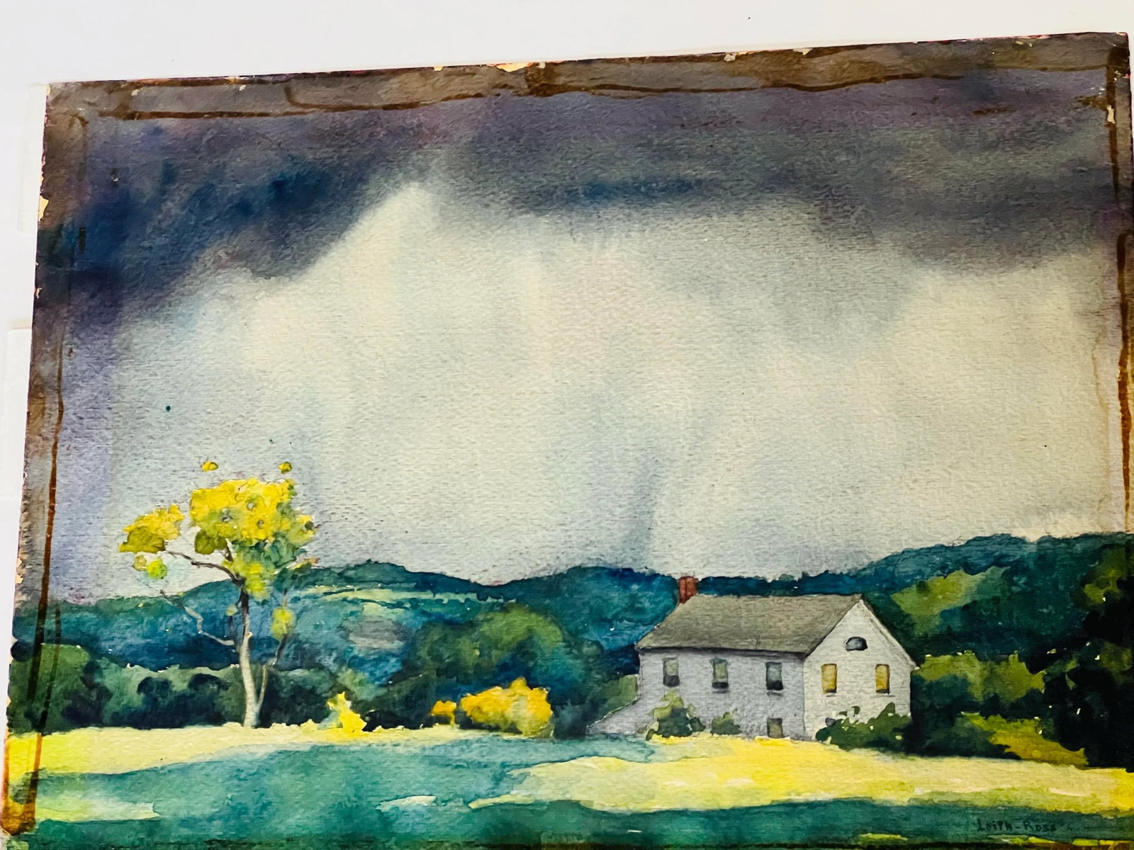 Vintage Framed Watercolor Stormy Farm Landscape - 8