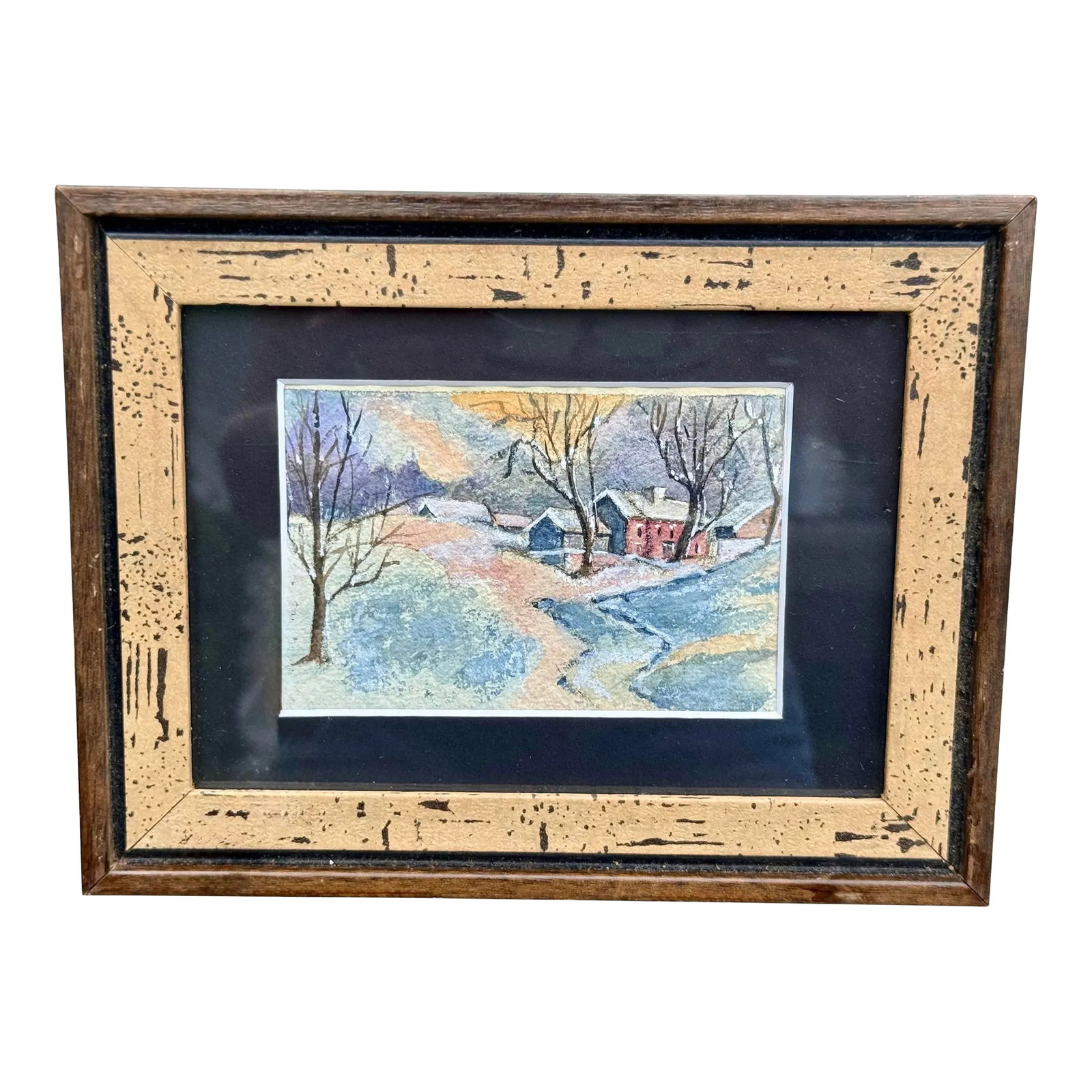 1920s Attributed w.c. Vincent Winter Forest Snow Scene Watercolor Framed 8.5''*6.5'': Charming 1920s watercolor attributed to W.C. Vincent captures a serene winter forest blanketed in fresh snow. The 4.5''*3'' image is set under glass and surrounded by crisp black matting. Housed in a