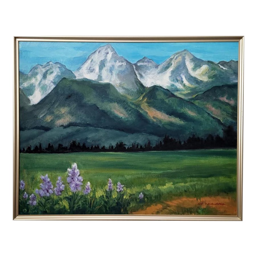 Charming Oil on Canvas Painting -Serene Springime Mountain Scene: Charming oil on canvas painting of a serene mountain scene with spring flowers in foreground, signed lower right. Nice framed and ready to hang. I left the rope on back which I think adds to the