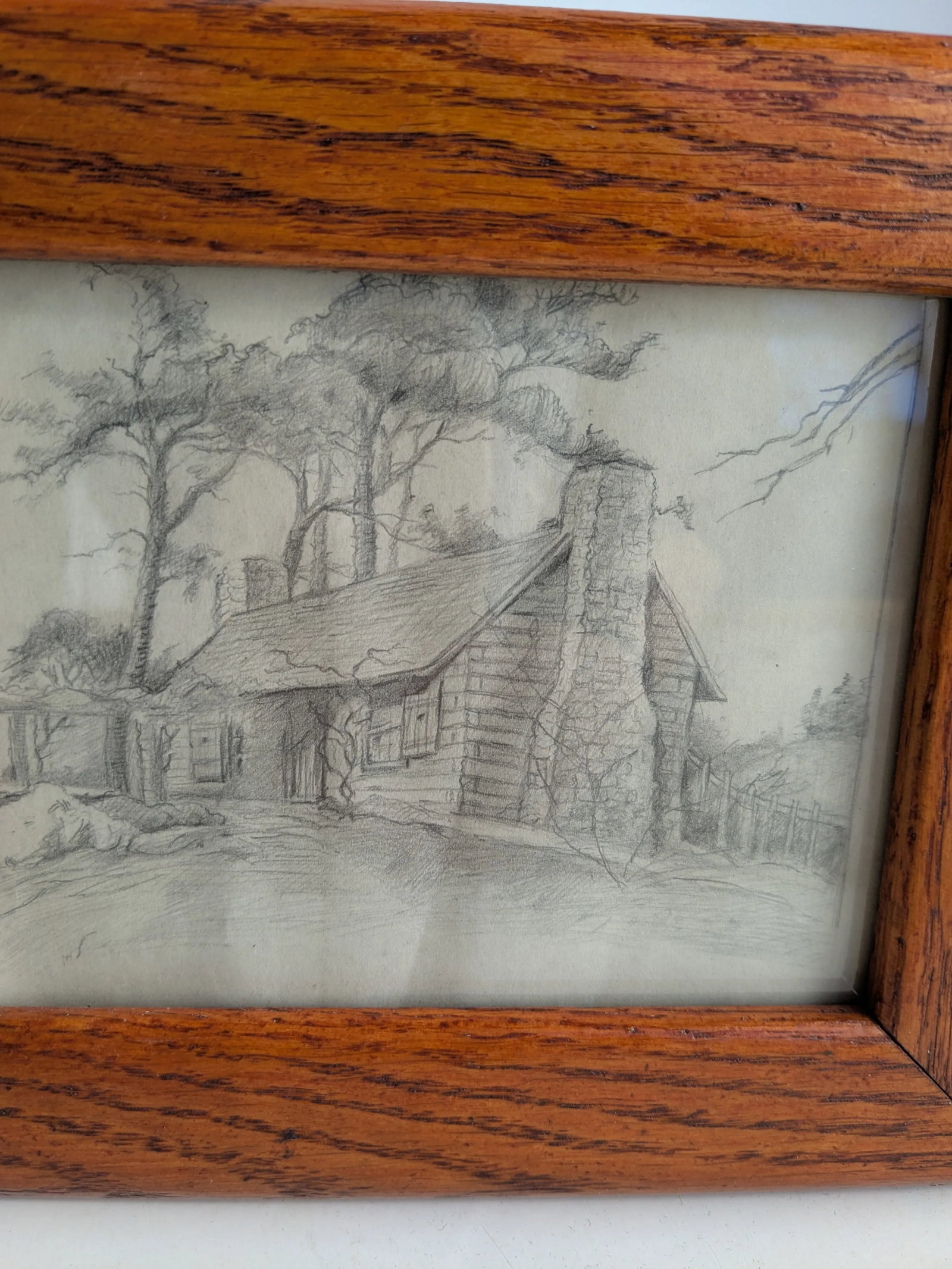 1920s Framed Artist House Scene Pencil Drawing - 3