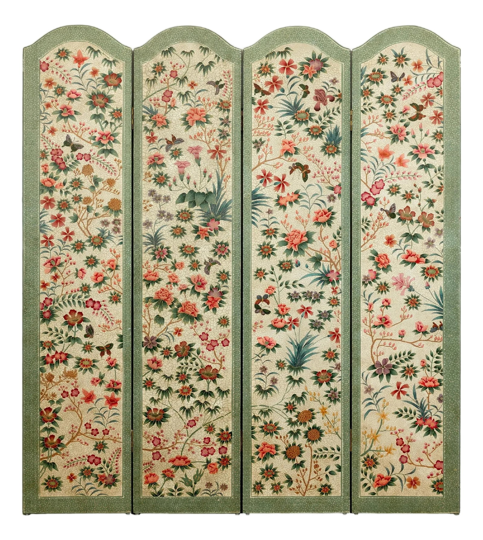 Vintage Four-Panel Polychrome Floral Folding Screen with Scalloped Accents (1 of 12)