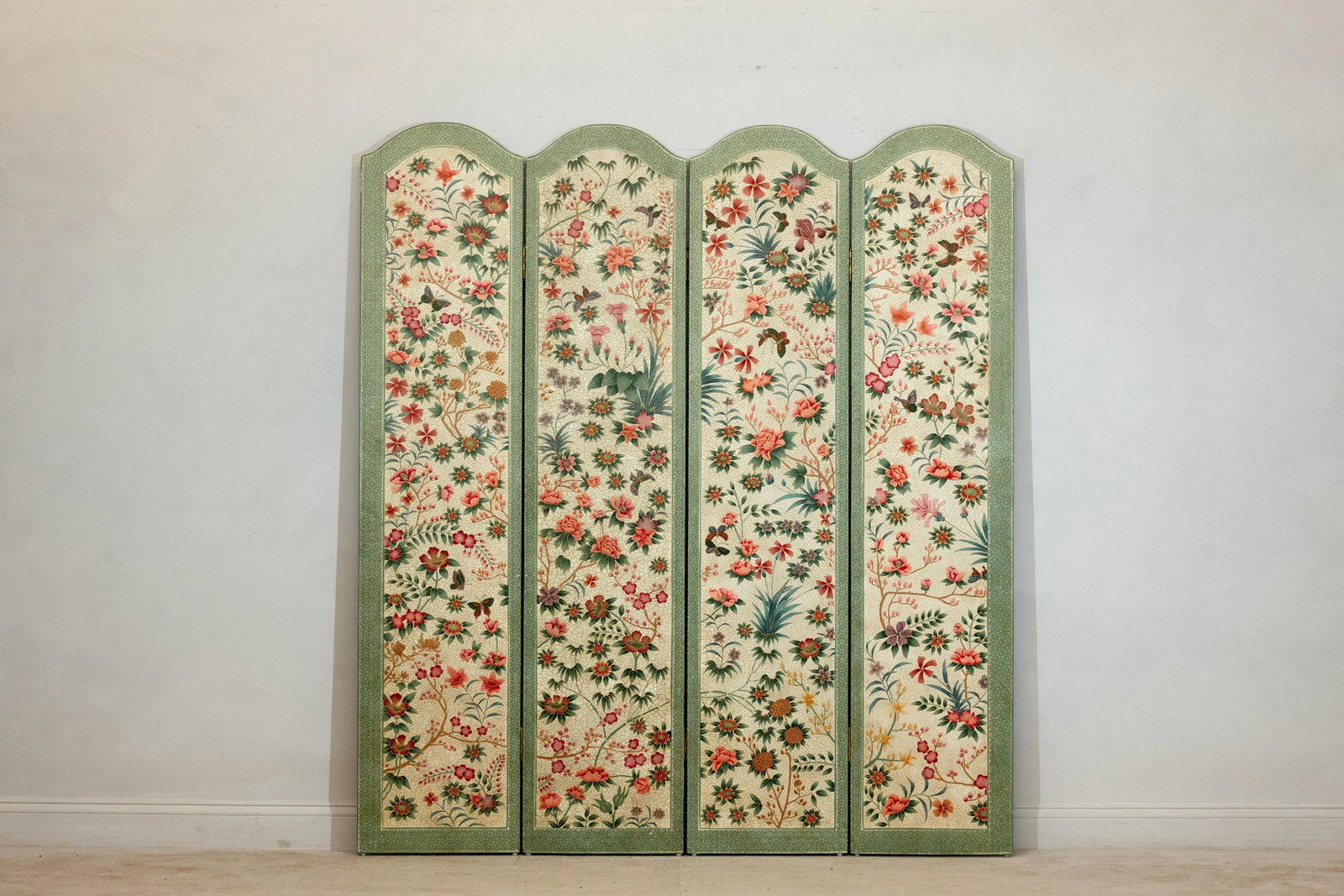 Vintage Four-Panel Polychrome Floral Folding Screen with Scalloped Accents - 5
