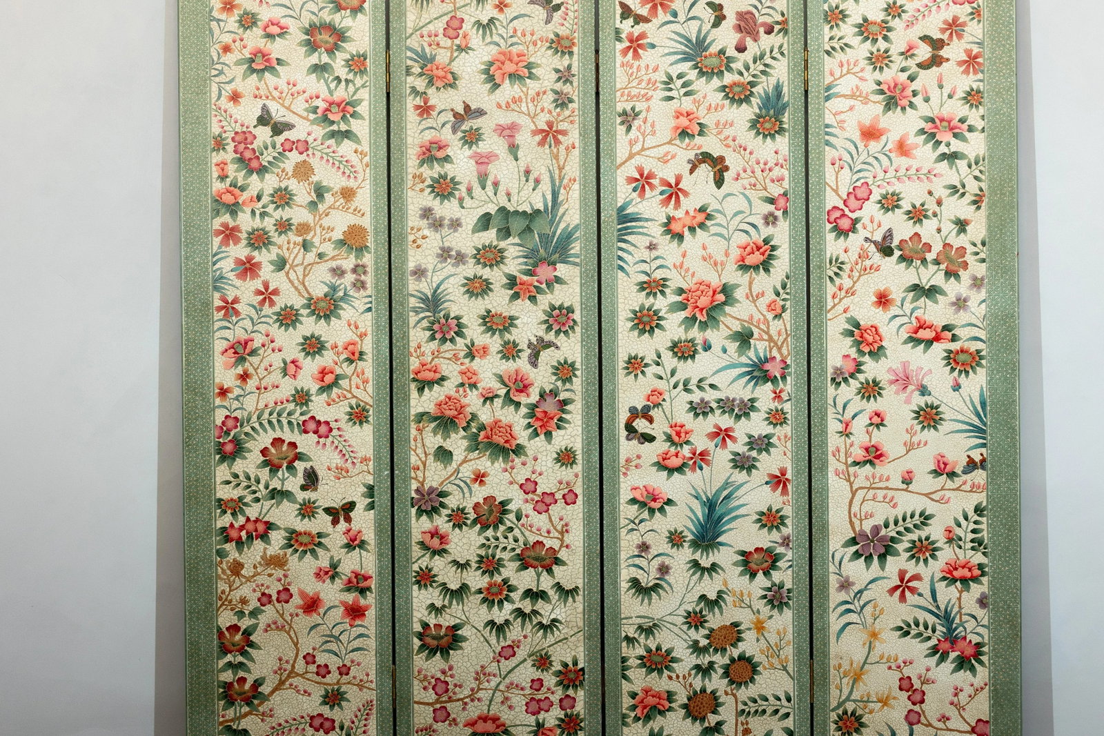 Vintage Four-Panel Polychrome Floral Folding Screen with Scalloped Accents - 7