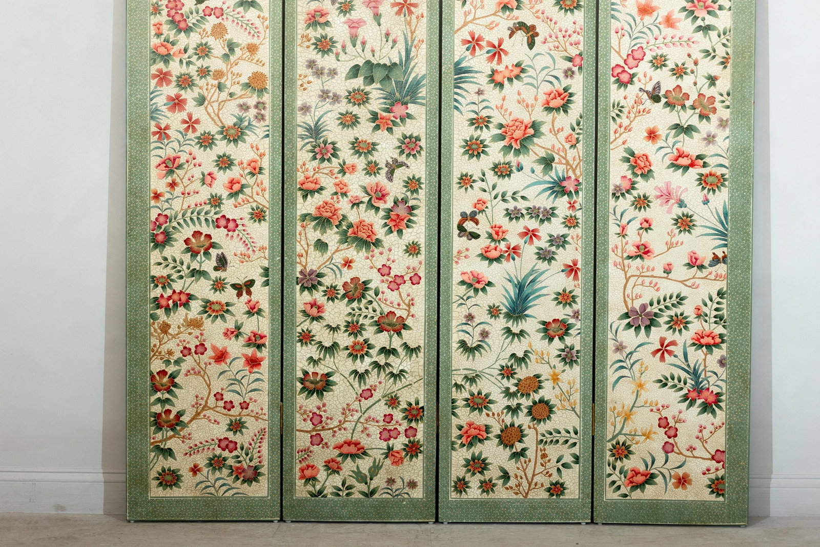 Vintage Four-Panel Polychrome Floral Folding Screen with Scalloped Accents - 8