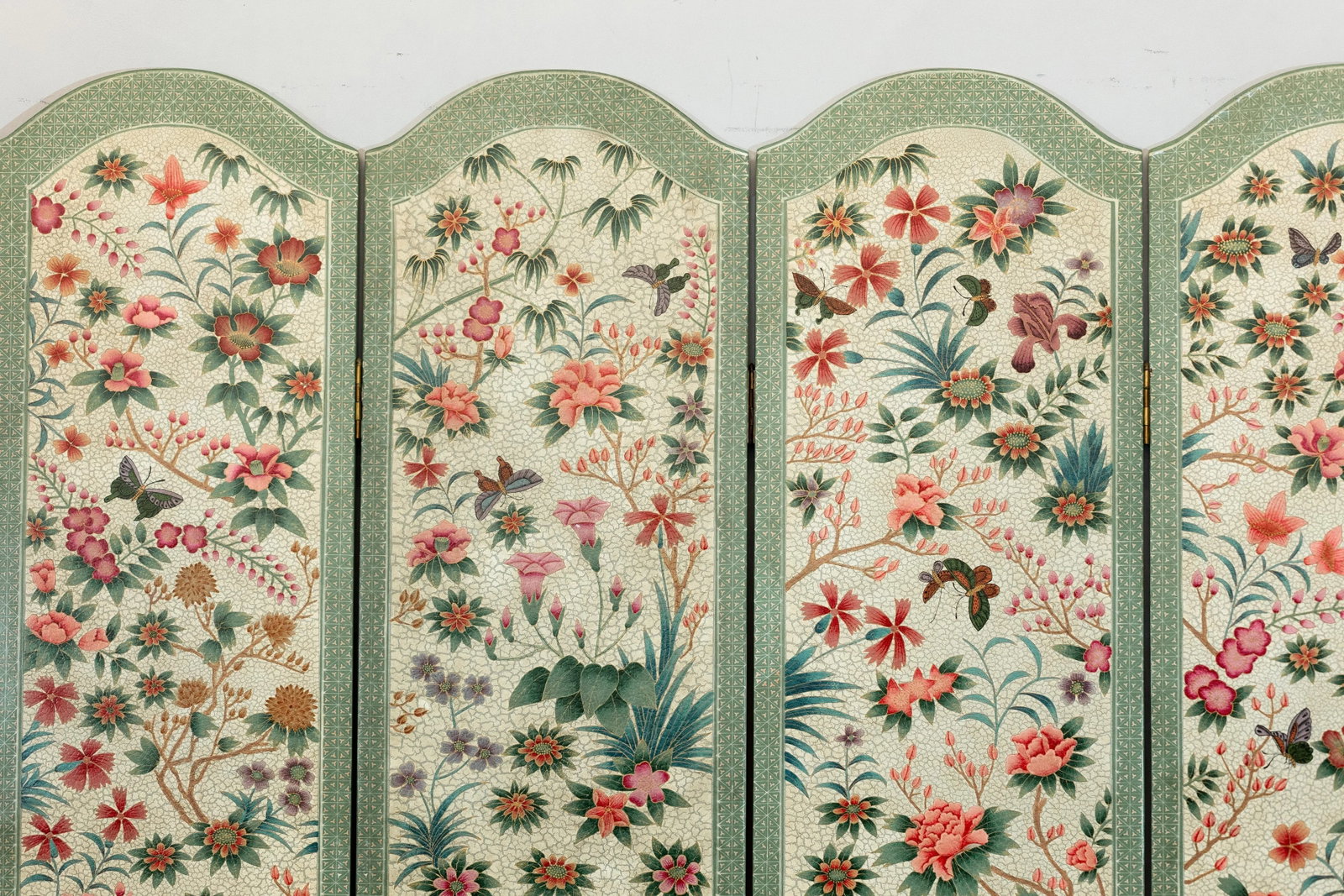 Vintage Four-Panel Polychrome Floral Folding Screen with Scalloped Accents - 9