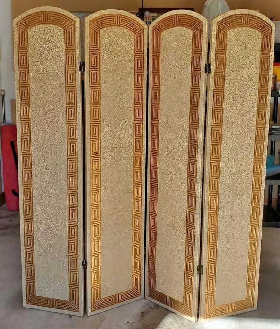 1970s Large Wooden Gold Greek Key Screen - 2