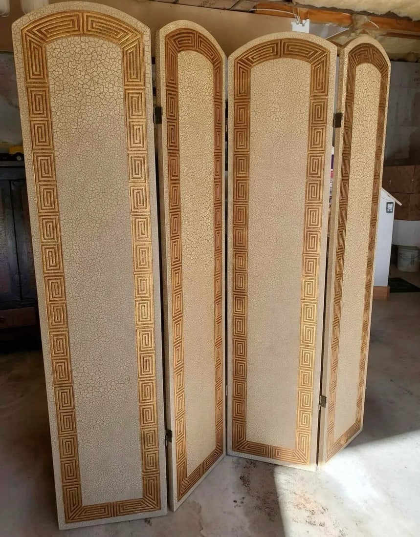 1970s Large Wooden Gold Greek Key Screen - 4