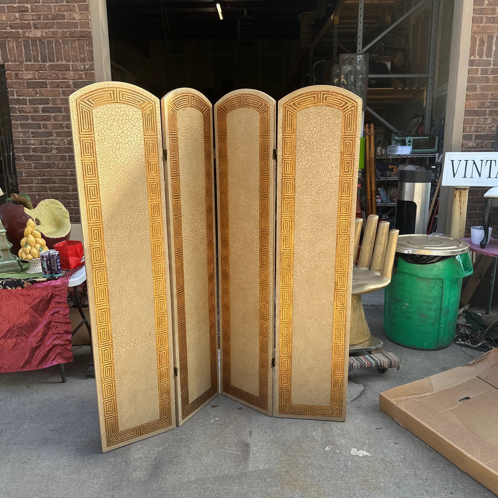 1970s Large Wooden Gold Greek Key Screen - 6