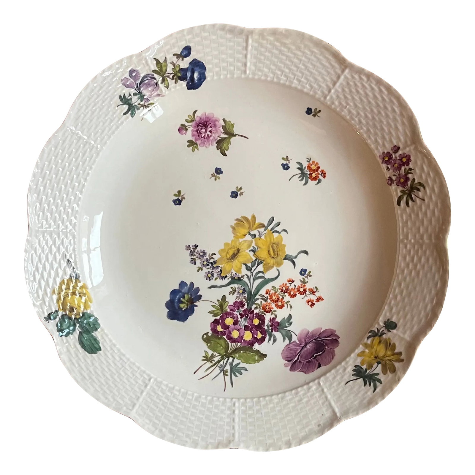Antique 18th Century Meissen Porcelain Charger Deep Dish Platter With Basketweave Border and Floral: Antique 18th century Meissen porcelain round charger or deep dish platter with basketweave border and hand painted floral bouquets. Measures 11 3/4" diameter x 1 7/8" tall from the table. Marked on
