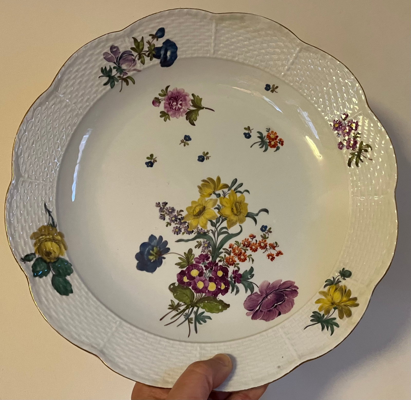 Antique 18th Century Meissen Porcelain Charger Deep Dish Platter With Basketweave Border and Floral - 2