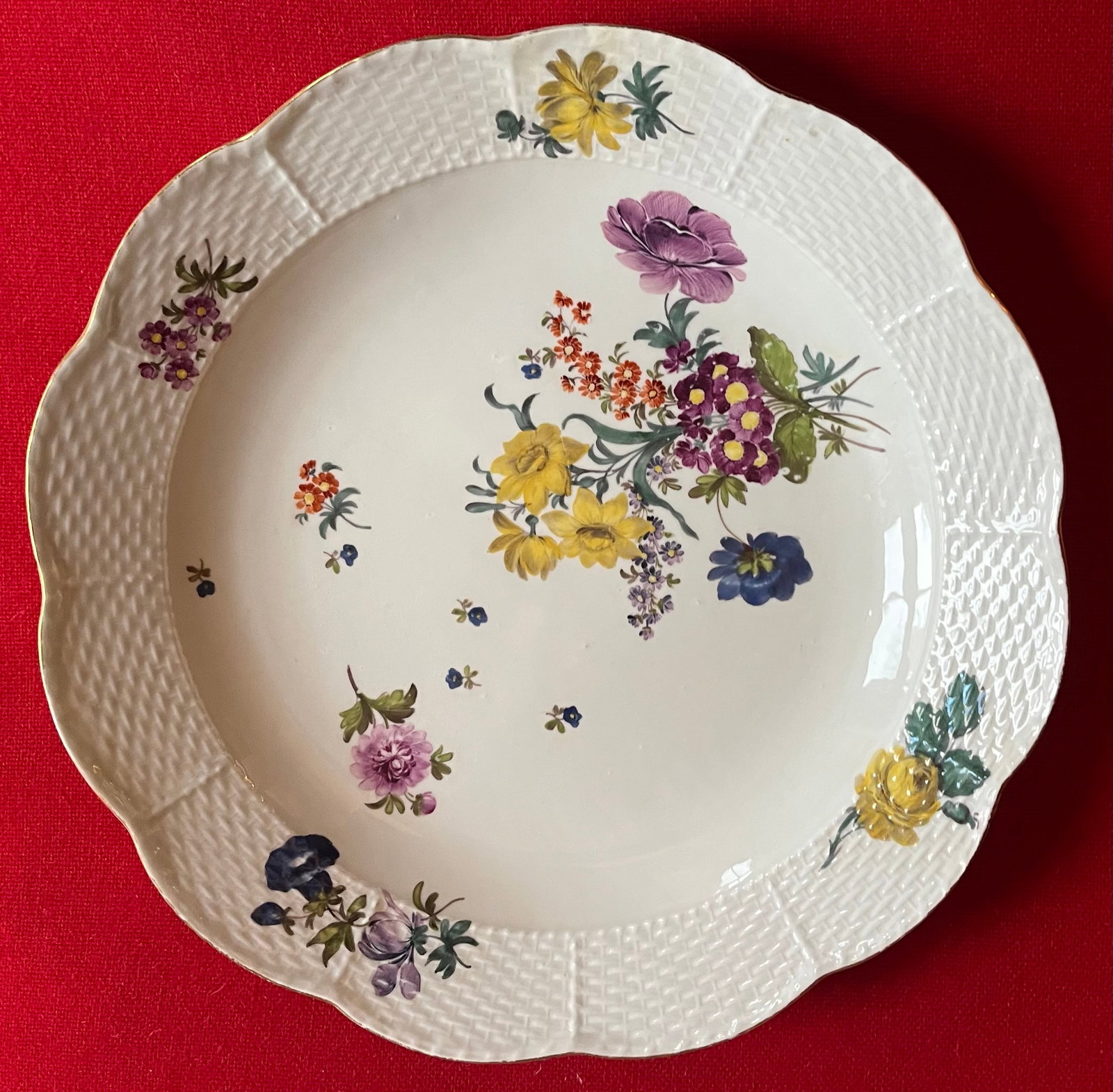 Antique 18th Century Meissen Porcelain Charger Deep Dish Platter With Basketweave Border and Floral - 3