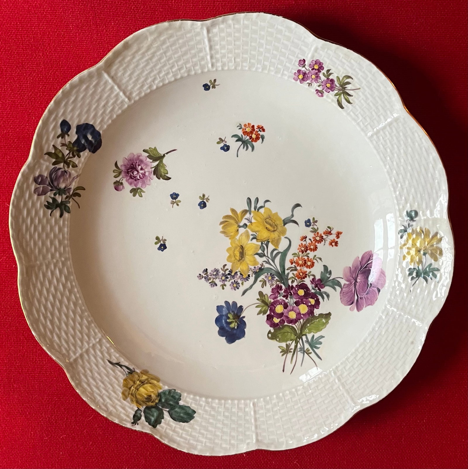 Antique 18th Century Meissen Porcelain Charger Deep Dish Platter With Basketweave Border and Floral - 4