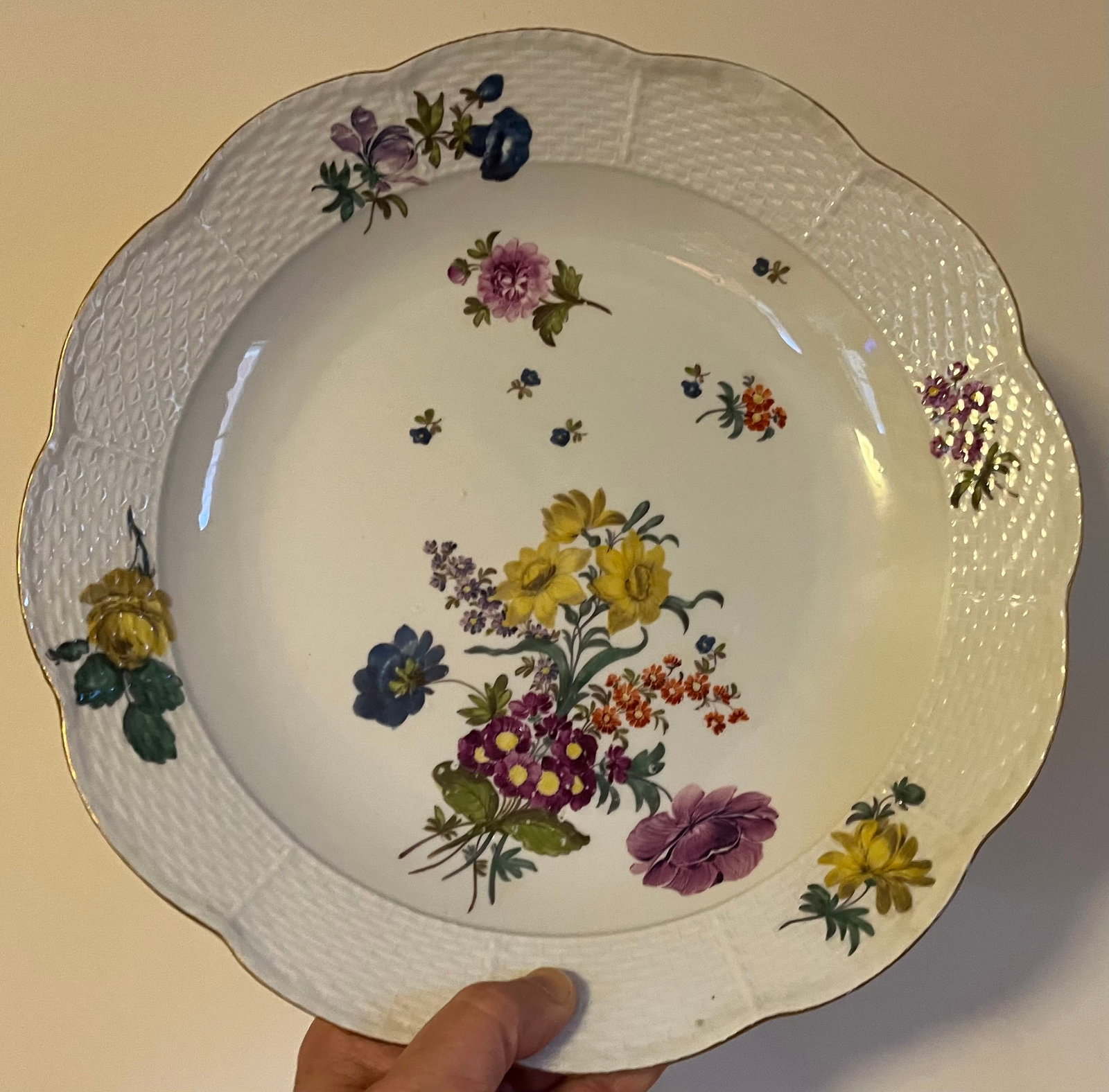 Antique 18th Century Meissen Porcelain Charger Deep Dish Platter With Basketweave Border and Floral - 5