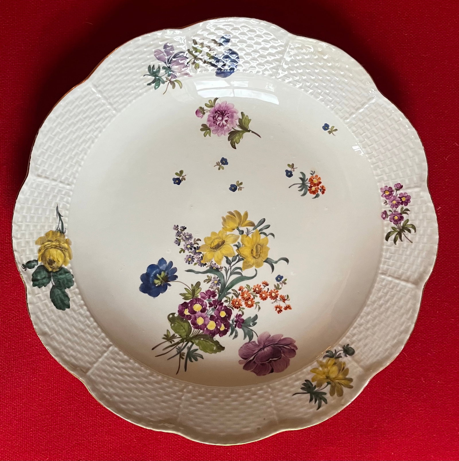 Antique 18th Century Meissen Porcelain Charger Deep Dish Platter With Basketweave Border and Floral - 6