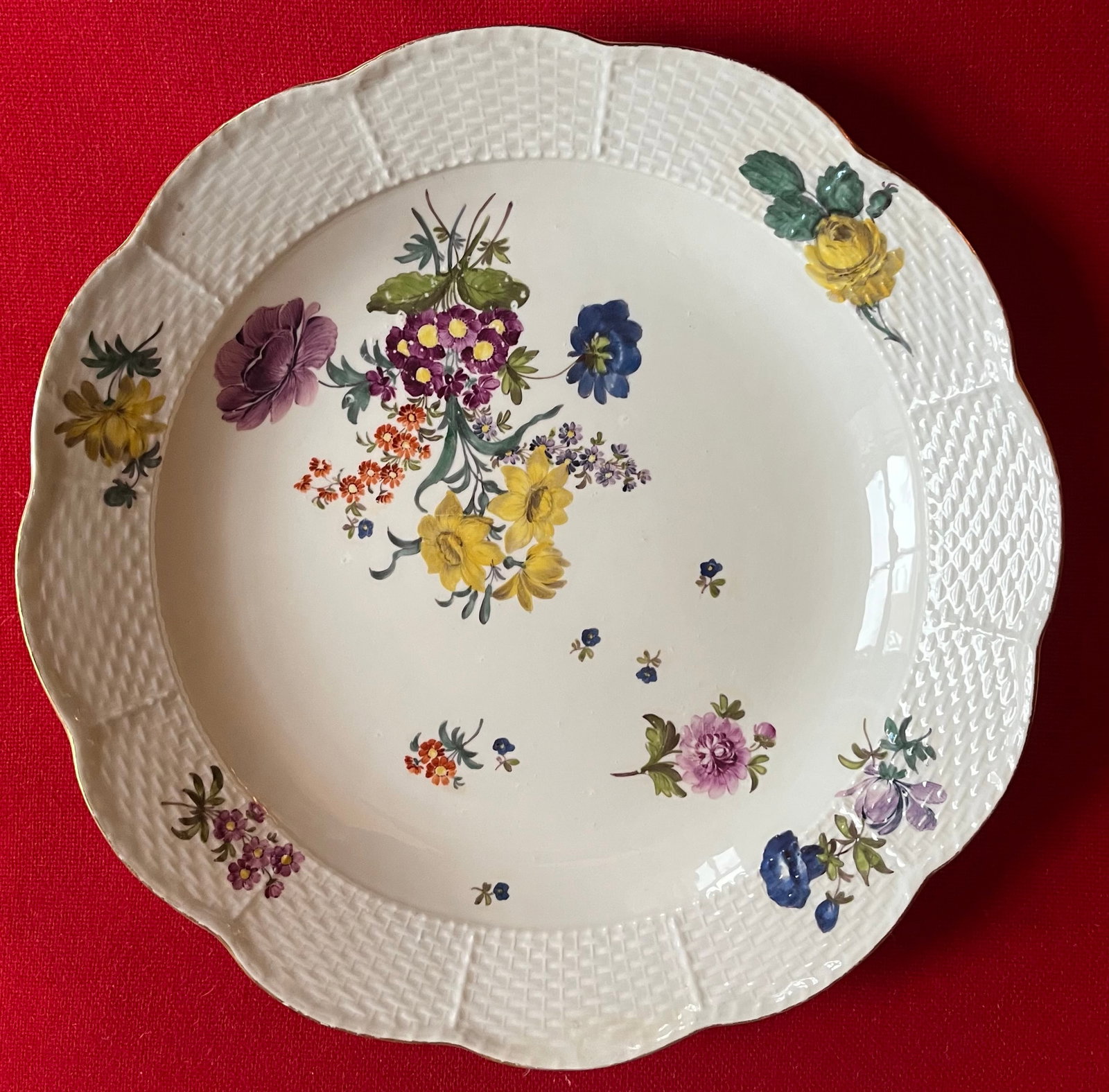 Antique 18th Century Meissen Porcelain Charger Deep Dish Platter With Basketweave Border and Floral - 7