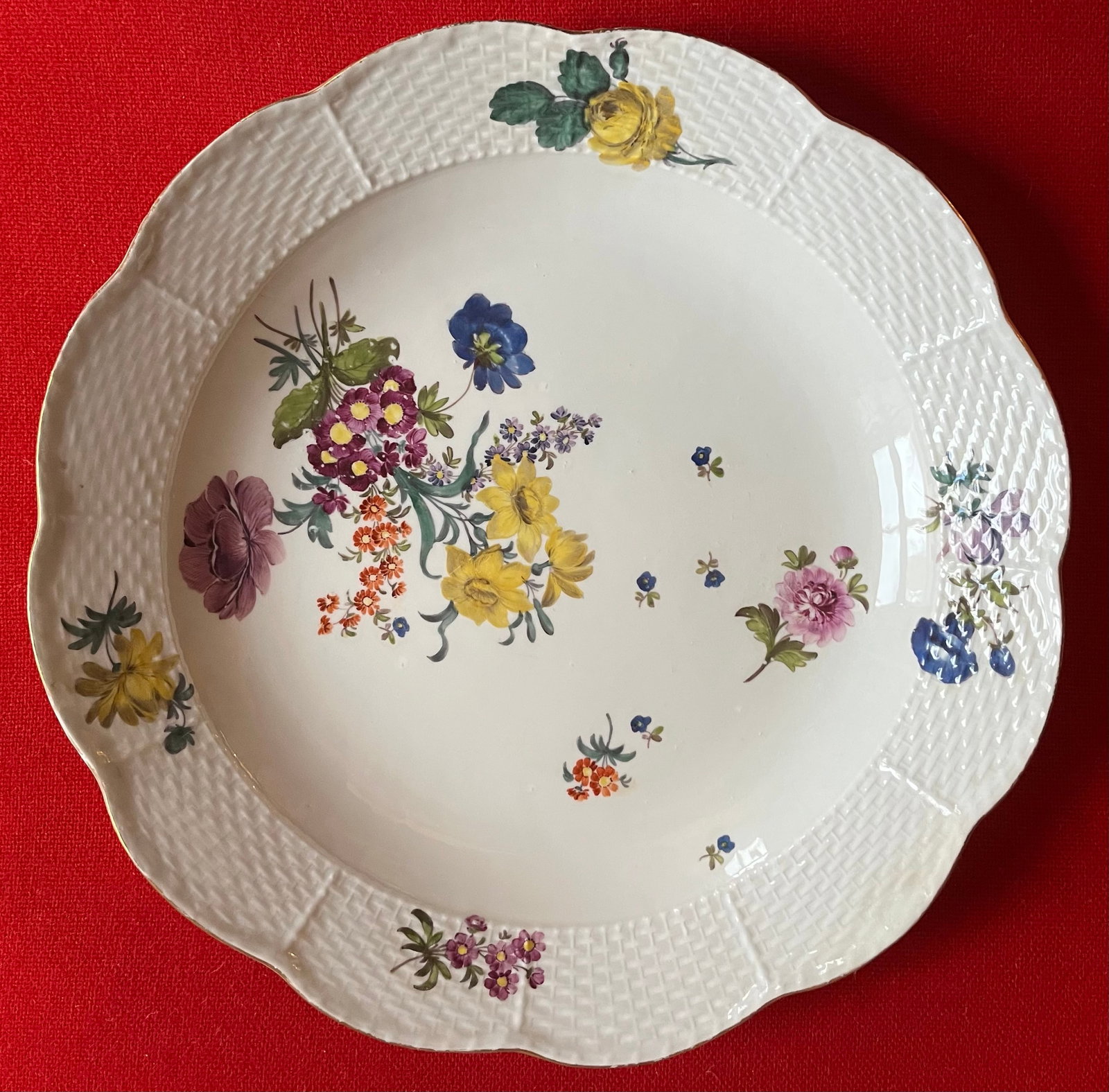 Antique 18th Century Meissen Porcelain Charger Deep Dish Platter With Basketweave Border and Floral - 8