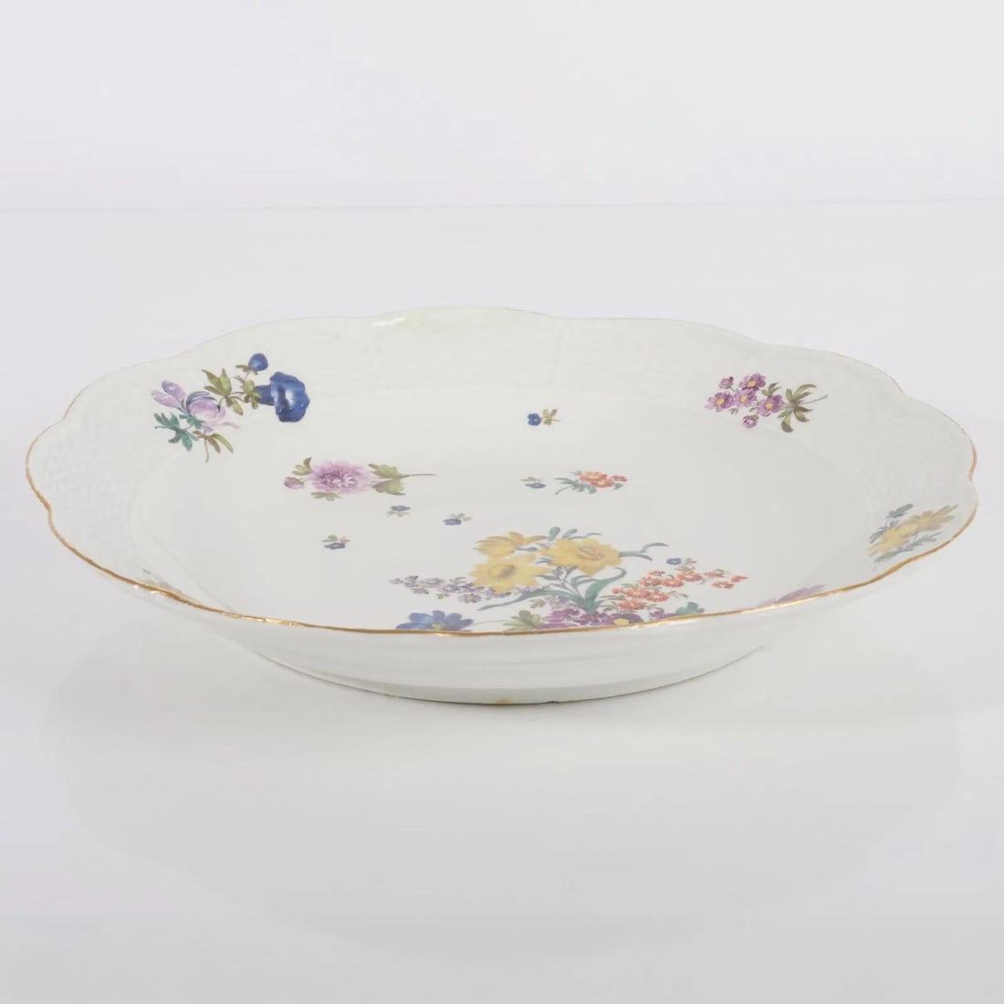 Antique 18th Century Meissen Porcelain Charger Deep Dish Platter With Basketweave Border and Floral - 9