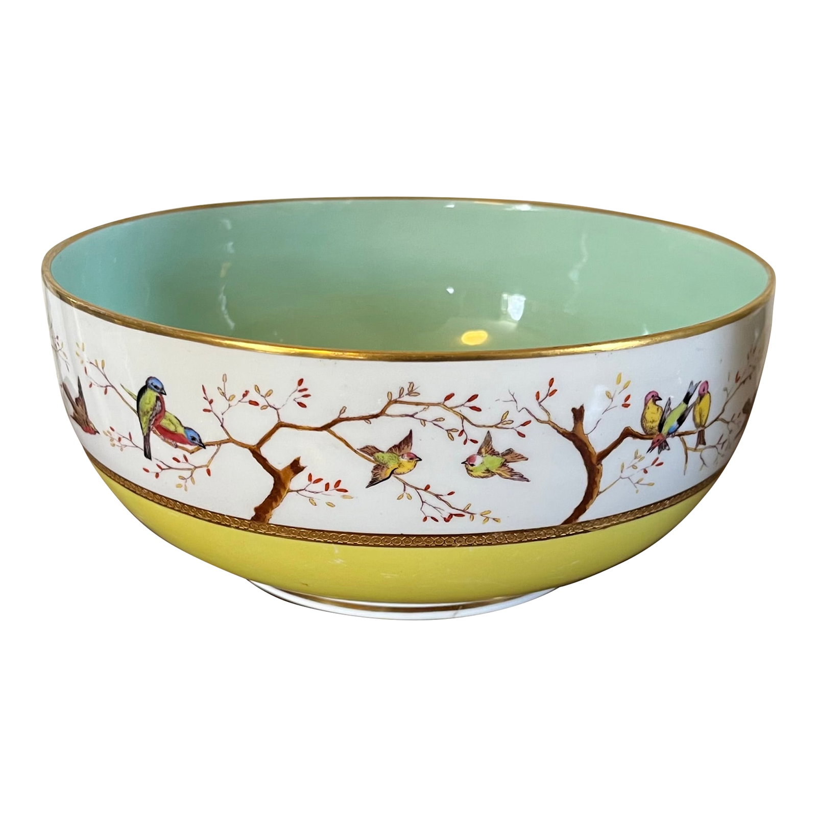 Antique 19th Century Mintons Porcelain Fruit Bowl With Hand Painted Birds: Antique 19th century Mintons porcelain fruit bowl decorated with a band of hand painted birds in flight and perched on tree branches. Bright yellow ground on the outside, light blue on the inside.