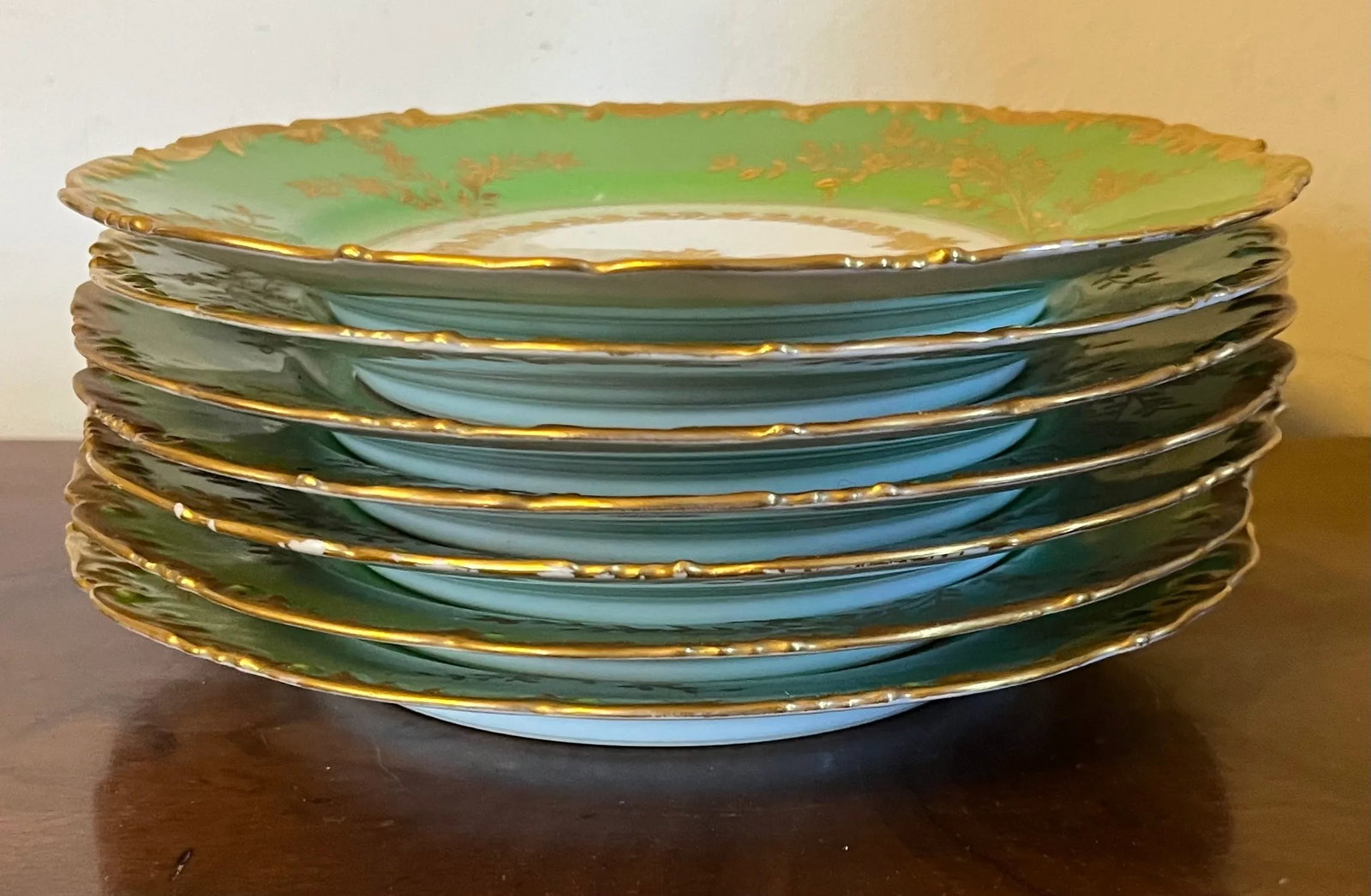 Antique Early 20th Century Higgins & Seiter French Limoges Porcelain Green & Gold Plates - Set of 7 - 2